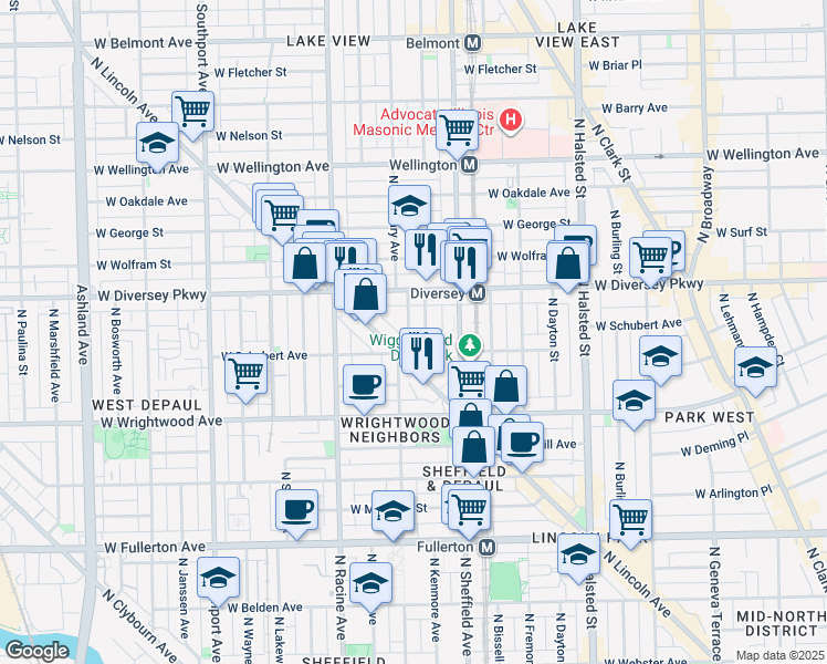 map of restaurants, bars, coffee shops, grocery stores, and more near 2719 North Seminary Avenue in Chicago