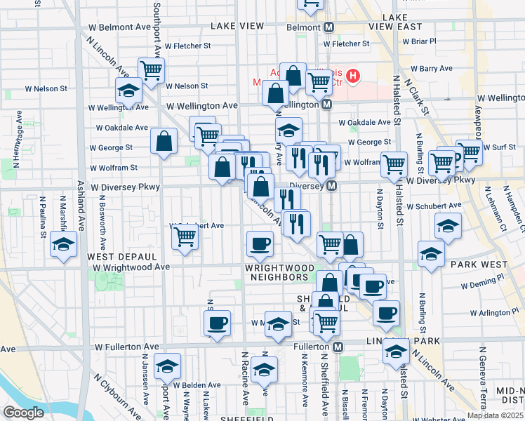 map of restaurants, bars, coffee shops, grocery stores, and more near 2710 North Lincoln Avenue in Chicago