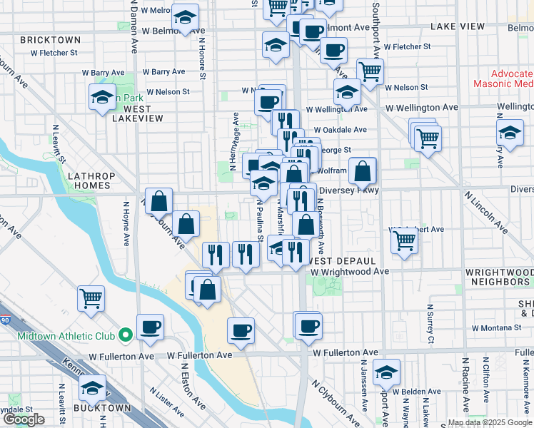 map of restaurants, bars, coffee shops, grocery stores, and more near 2719 North Paulina Street in Chicago