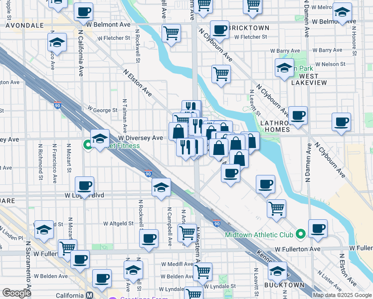 map of restaurants, bars, coffee shops, grocery stores, and more near 2720 North Western Avenue in Chicago