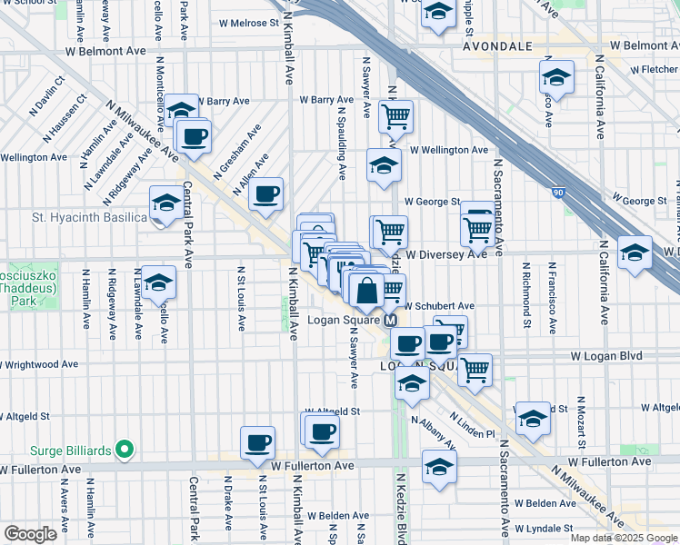 map of restaurants, bars, coffee shops, grocery stores, and more near 2716 North Sawyer Avenue in Chicago