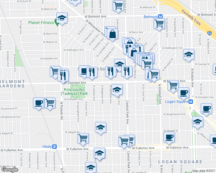 map of restaurants, bars, coffee shops, grocery stores, and more near 2730 North Lawndale Avenue in Chicago