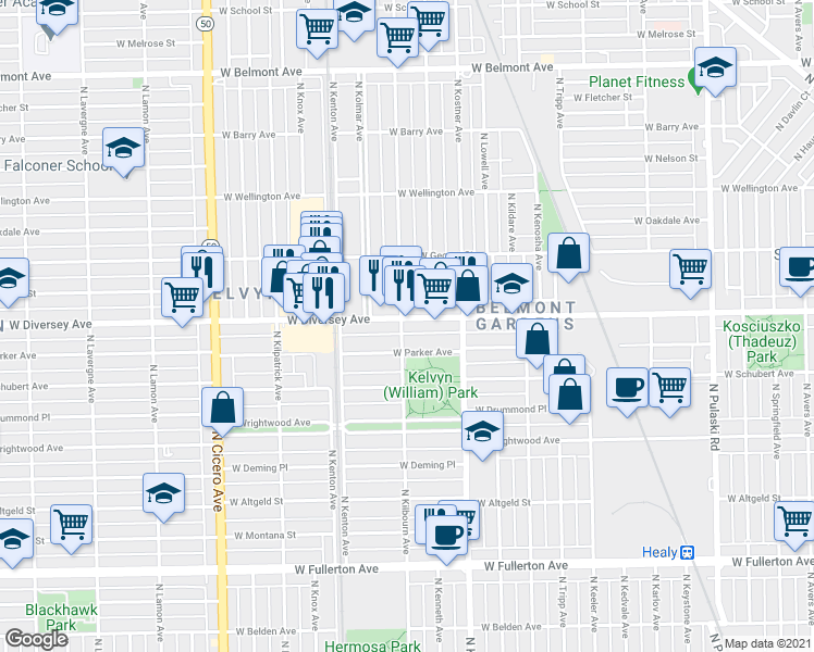 map of restaurants, bars, coffee shops, grocery stores, and more near 4504 West Parker Avenue in Chicago