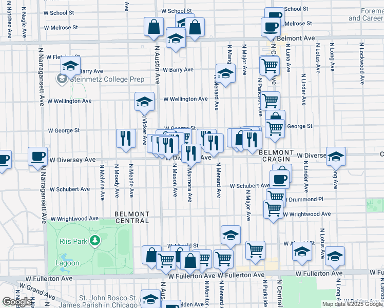 map of restaurants, bars, coffee shops, grocery stores, and more near 2733 North Marmora Avenue in Chicago