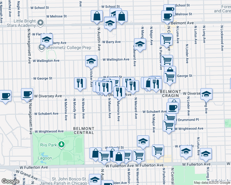 map of restaurants, bars, coffee shops, grocery stores, and more near 2733 North Marmora Avenue in Chicago