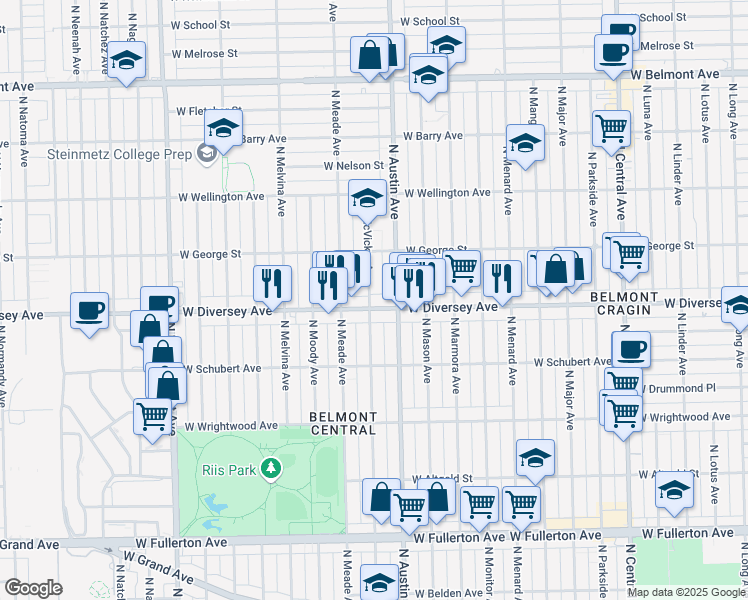 map of restaurants, bars, coffee shops, grocery stores, and more near 2755 North McVicker Avenue in Chicago