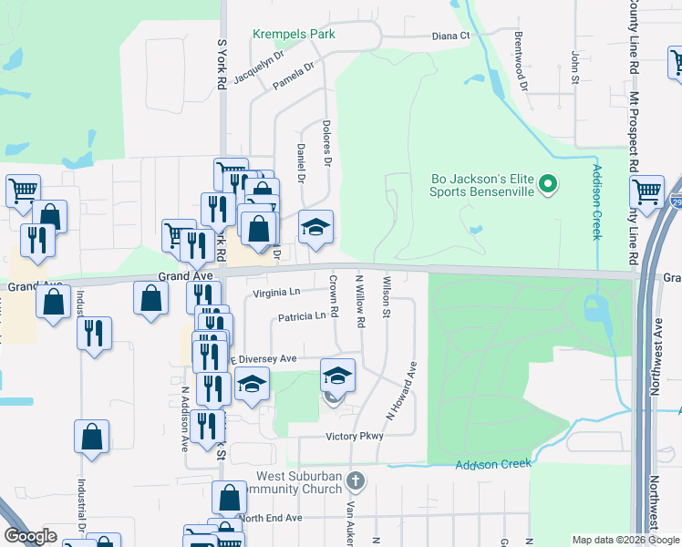 map of restaurants, bars, coffee shops, grocery stores, and more near 545 Crown Road in Elmhurst