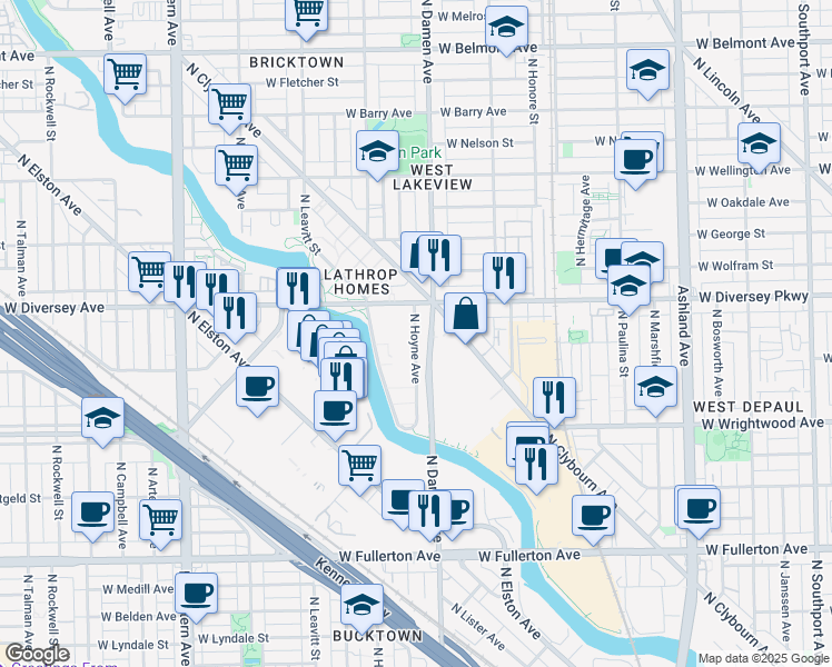 map of restaurants, bars, coffee shops, grocery stores, and more near 2737 North Hoyne Avenue in Chicago