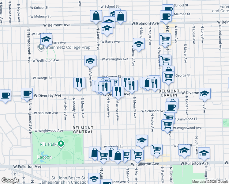 map of restaurants, bars, coffee shops, grocery stores, and more near 2733 North Marmora Avenue in Chicago