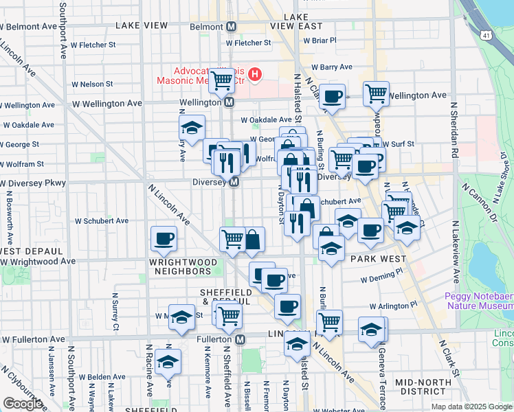 map of restaurants, bars, coffee shops, grocery stores, and more near 2714 North Mildred Avenue in Chicago