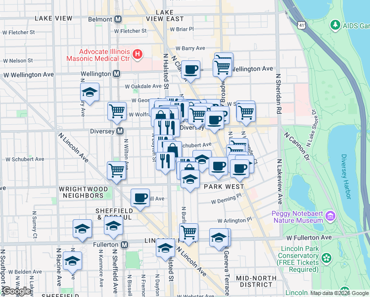 map of restaurants, bars, coffee shops, grocery stores, and more near 2681 North Burling Street in Chicago
