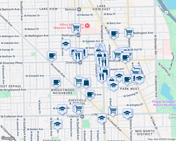 map of restaurants, bars, coffee shops, grocery stores, and more near 2714 North Mildred Avenue in Chicago
