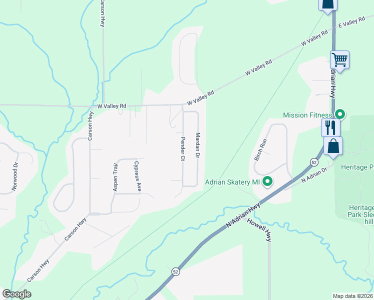 map of restaurants, bars, coffee shops, grocery stores, and more near 3284 Mardan Drive in Adrian