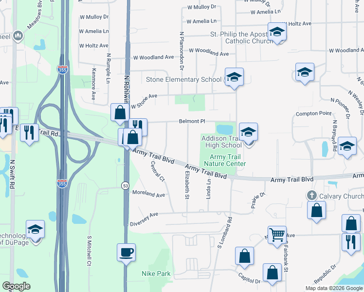 map of restaurants, bars, coffee shops, grocery stores, and more near 3N650 Elizabeth Street in Addison