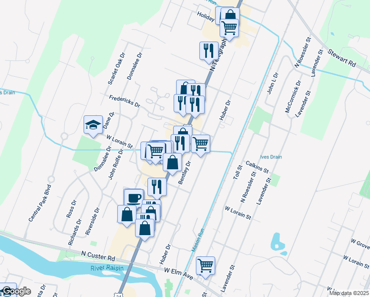map of restaurants, bars, coffee shops, grocery stores, and more near 610 North Telegraph Road in Monroe