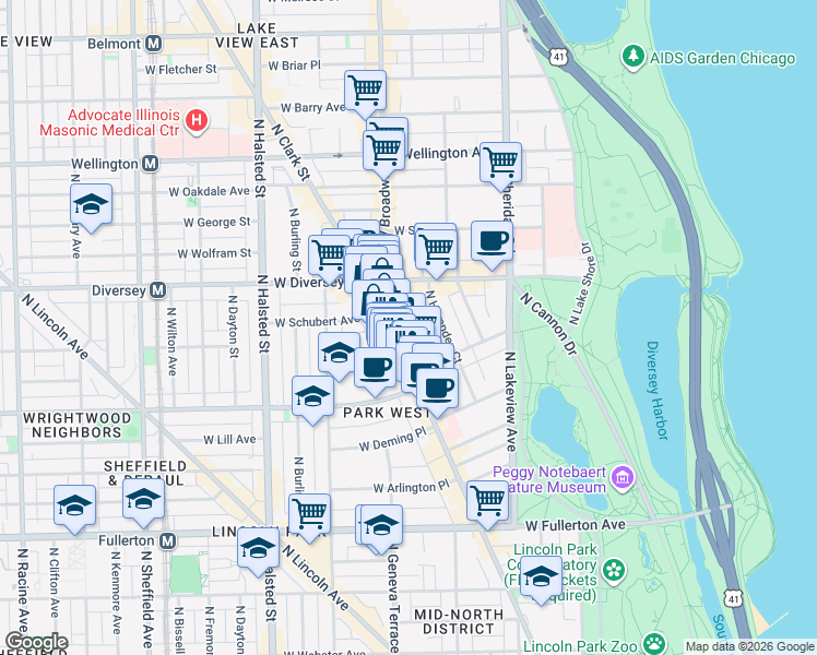 map of restaurants, bars, coffee shops, grocery stores, and more near 537 West Drummond Place in Chicago