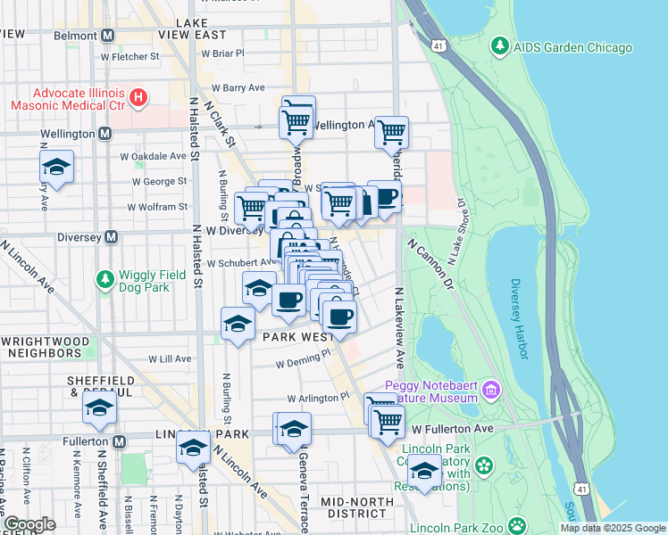 map of restaurants, bars, coffee shops, grocery stores, and more near 2732 North Hampden Court in Chicago