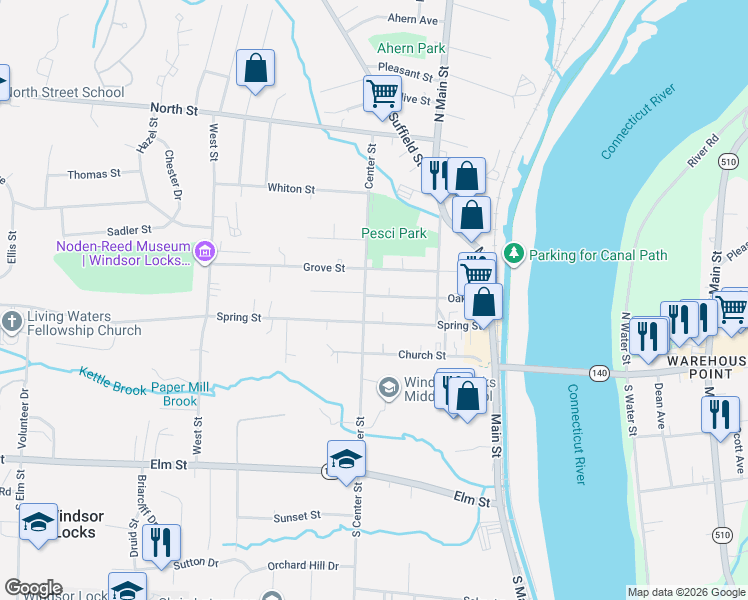 map of restaurants, bars, coffee shops, grocery stores, and more near 92 Oak Street in Windsor Locks