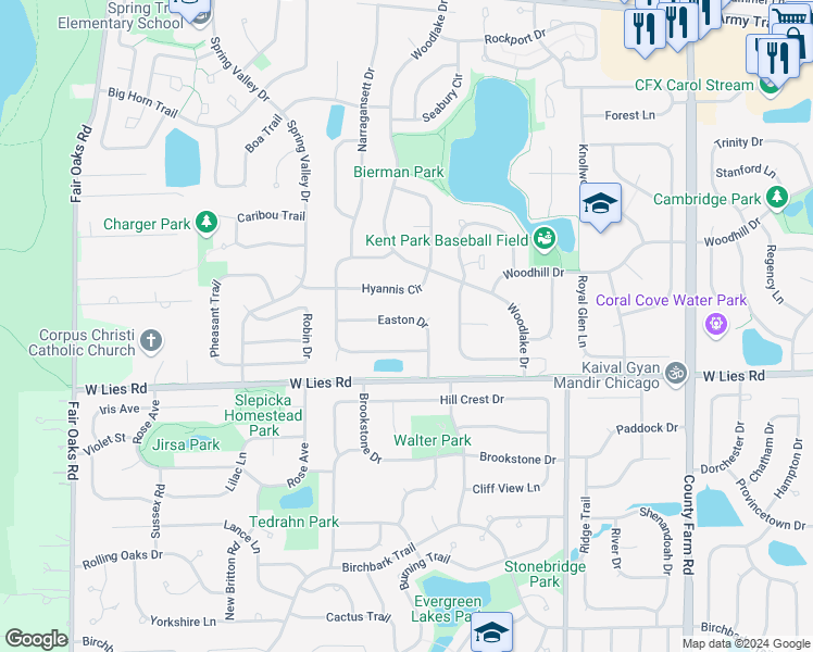 map of restaurants, bars, coffee shops, grocery stores, and more near 1210 Easton Drive in Carol Stream