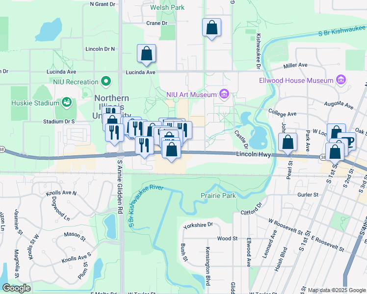 map of restaurants, bars, coffee shops, grocery stores, and more near 701 W Lincoln Hwy in DeKalb
