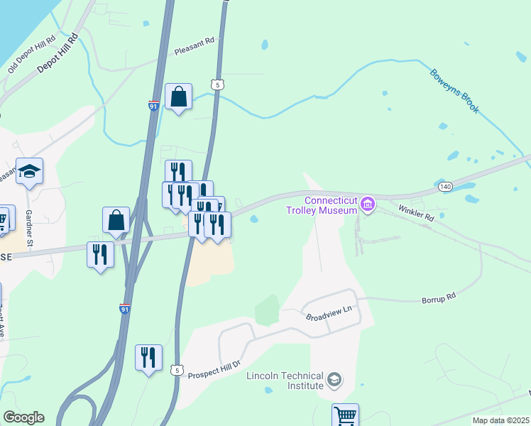 map of restaurants, bars, coffee shops, grocery stores, and more near 26 North Road in East Windsor