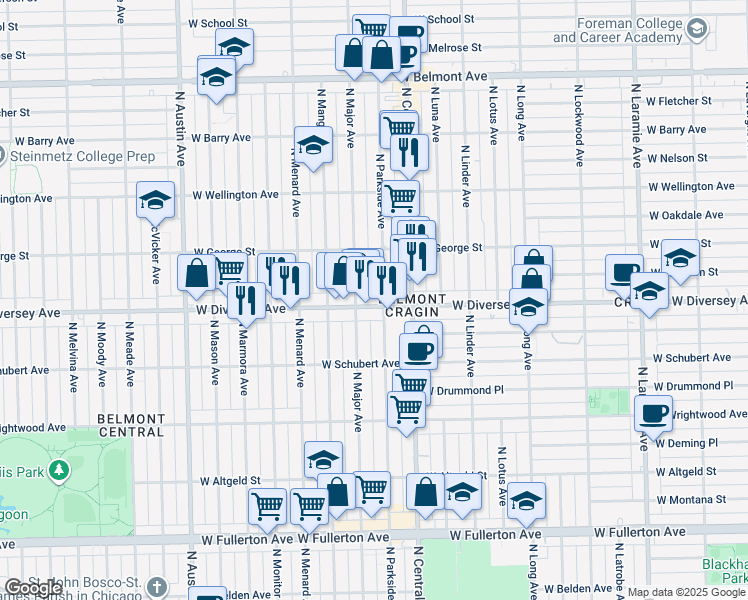 map of restaurants, bars, coffee shops, grocery stores, and more near 5647 West Diversey Avenue in Chicago