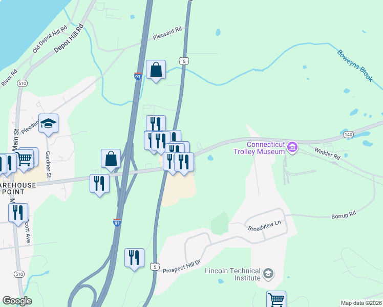 map of restaurants, bars, coffee shops, grocery stores, and more near 14 North Road in East Windsor