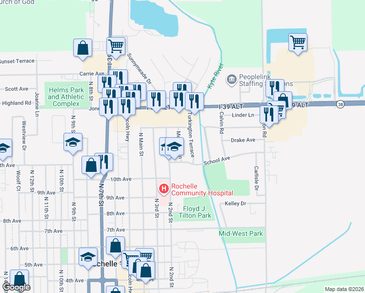 map of restaurants, bars, coffee shops, grocery stores, and more near 1044 Turkington Terrace in Rochelle