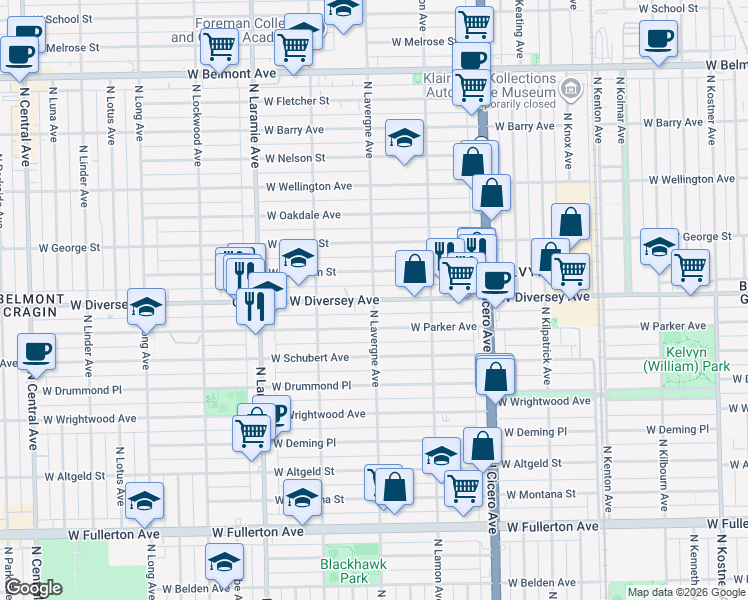 map of restaurants, bars, coffee shops, grocery stores, and more near W Diversey Ave & N Lavergne Ave in Chicago