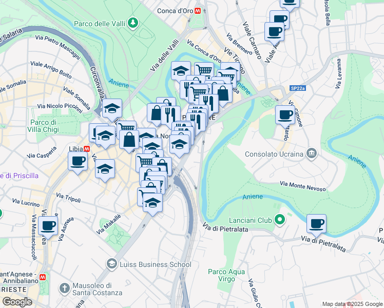 map of restaurants, bars, coffee shops, grocery stores, and more near 316 Via Nomentana in Rome