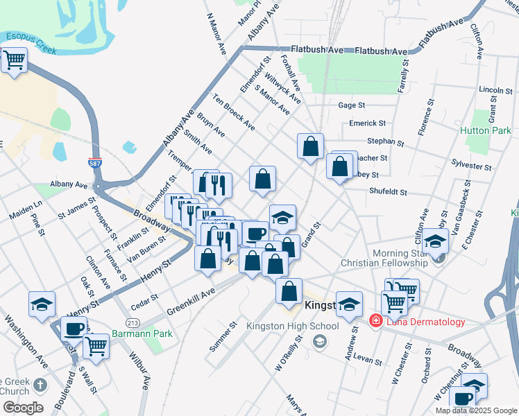 map of restaurants, bars, coffee shops, grocery stores, and more near 90 Cornell Street in Kingston