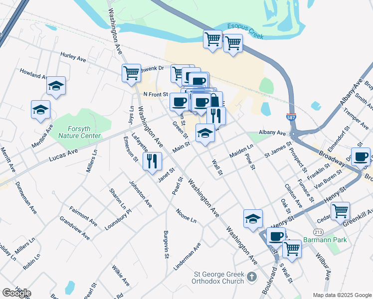 map of restaurants, bars, coffee shops, grocery stores, and more near 101 Pearl Street in Kingston
