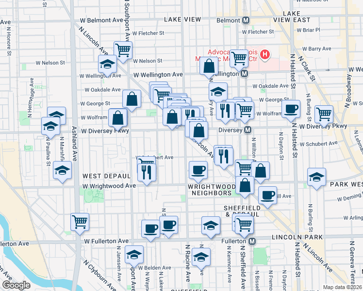 map of restaurants, bars, coffee shops, grocery stores, and more near 2707b North Racine Avenue in Chicago