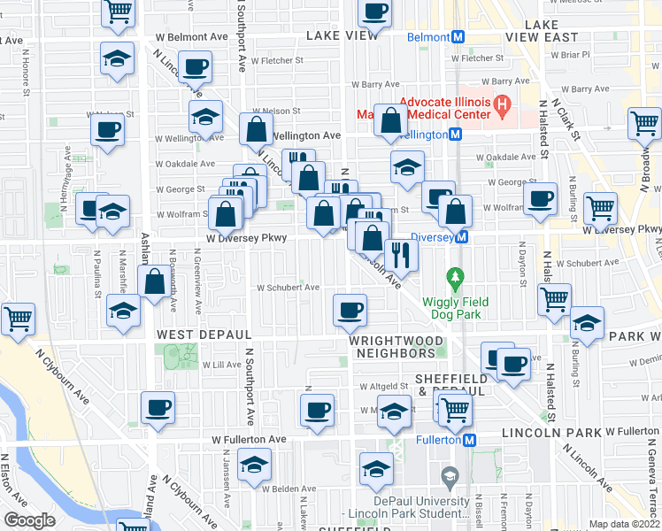 map of restaurants, bars, coffee shops, grocery stores, and more near 2702 North Magnolia Avenue in Chicago