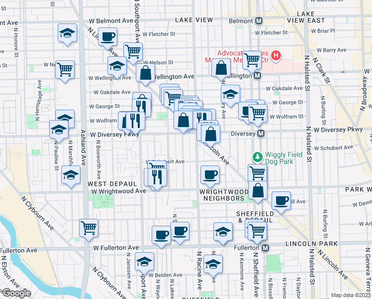 map of restaurants, bars, coffee shops, grocery stores, and more near 2702 North Magnolia Avenue in Chicago