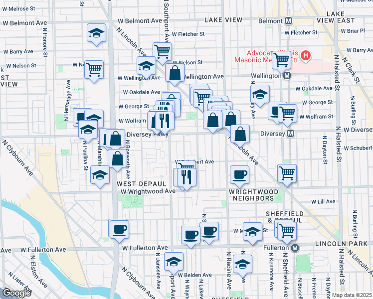 map of restaurants, bars, coffee shops, grocery stores, and more near 1304 West Schubert Avenue in Chicago