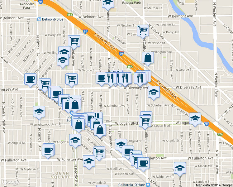 map of restaurants, bars, coffee shops, grocery stores, and more near 2727 North Sacramento Avenue in Chicago