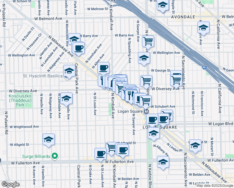 map of restaurants, bars, coffee shops, grocery stores, and more near 2746 North Milwaukee Avenue in Chicago