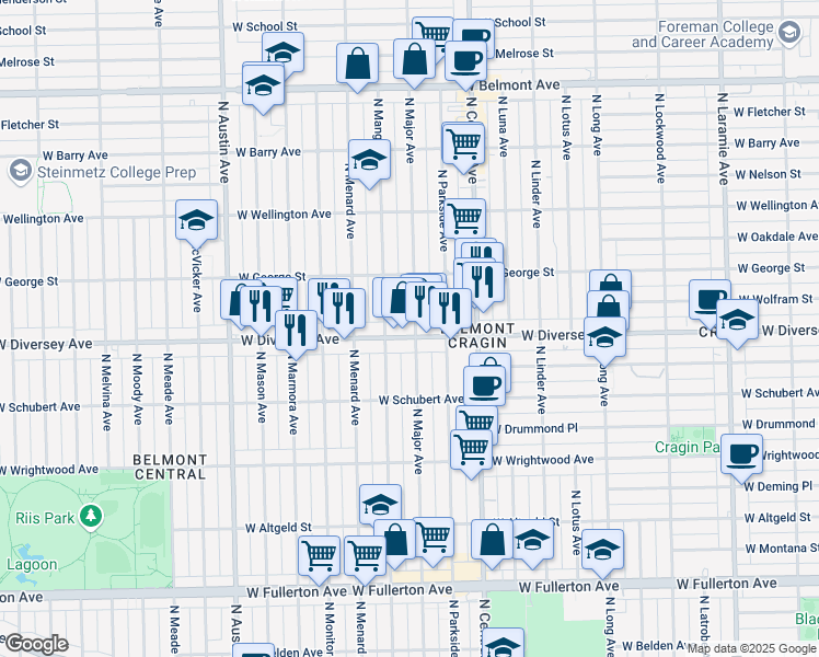 map of restaurants, bars, coffee shops, grocery stores, and more near 5719 West Diversey Avenue in Chicago