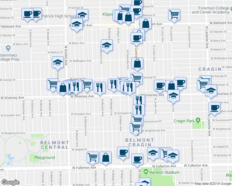 map of restaurants, bars, coffee shops, grocery stores, and more near 5719 West Diversey Avenue in Chicago