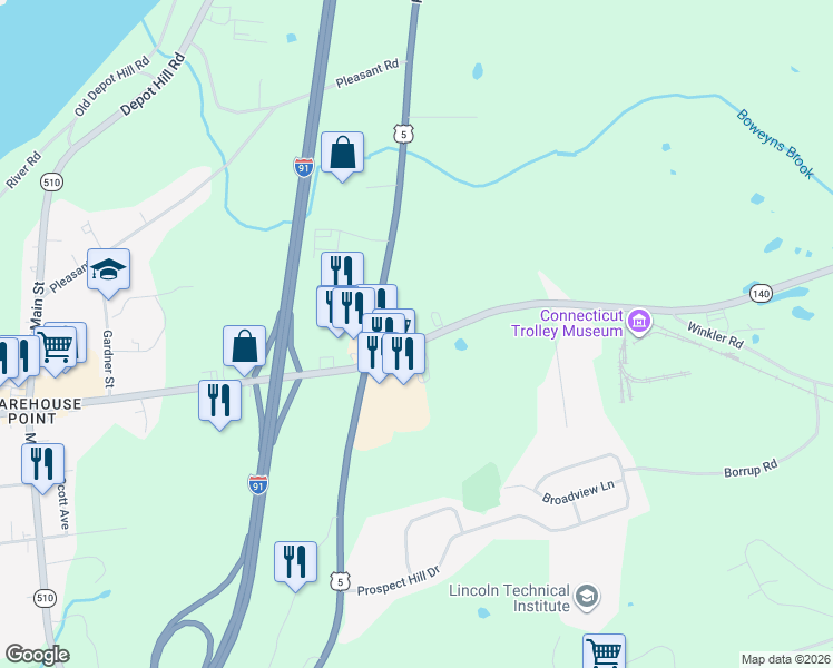 map of restaurants, bars, coffee shops, grocery stores, and more near 14 North Road in East Windsor
