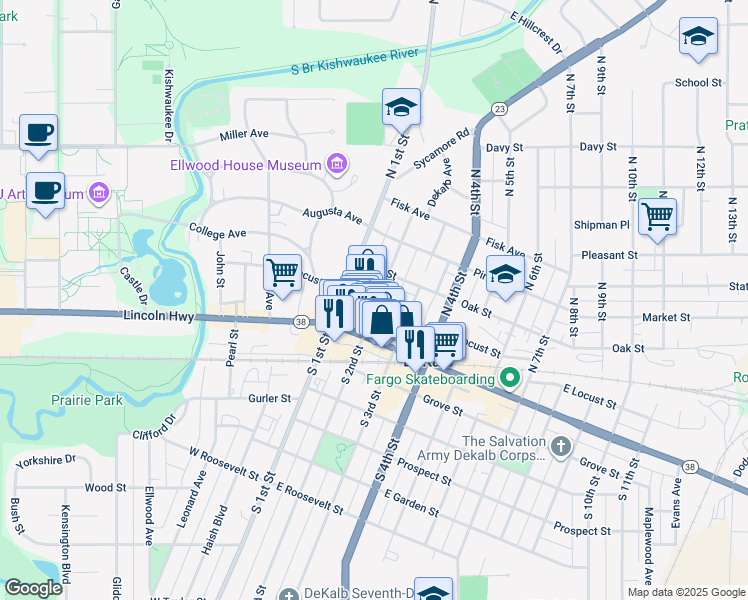map of restaurants, bars, coffee shops, grocery stores, and more near 223 Palmer Court in DeKalb