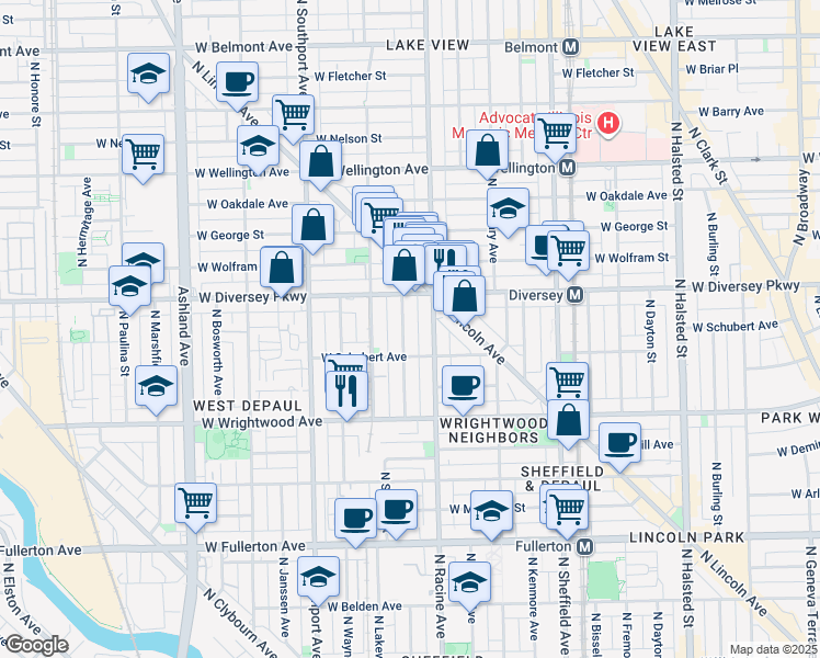 map of restaurants, bars, coffee shops, grocery stores, and more near 2702 North Magnolia Avenue in Chicago