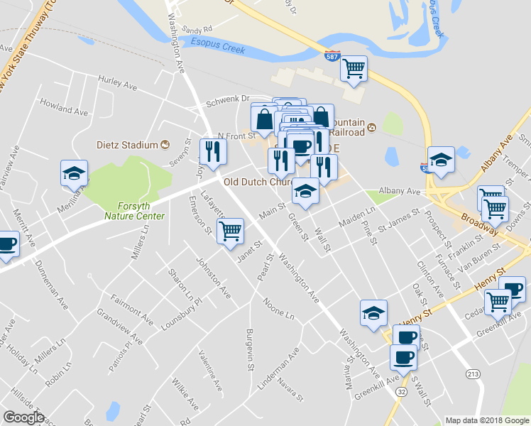 map of restaurants, bars, coffee shops, grocery stores, and more near 111 Main Street in Kingston