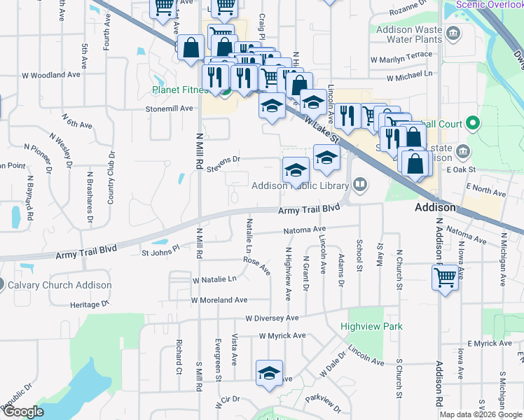 map of restaurants, bars, coffee shops, grocery stores, and more near 423 Army Trail Boulevard in Addison