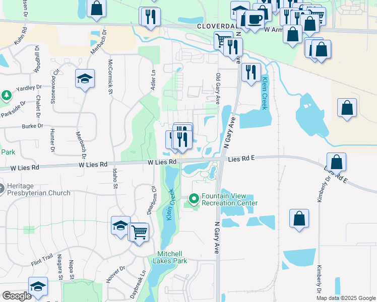 map of restaurants, bars, coffee shops, grocery stores, and more near 1021 Lies Road Trail in Carol Stream