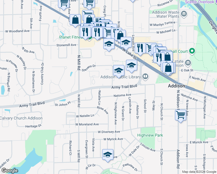 map of restaurants, bars, coffee shops, grocery stores, and more near 423 Army Trail Boulevard in Addison