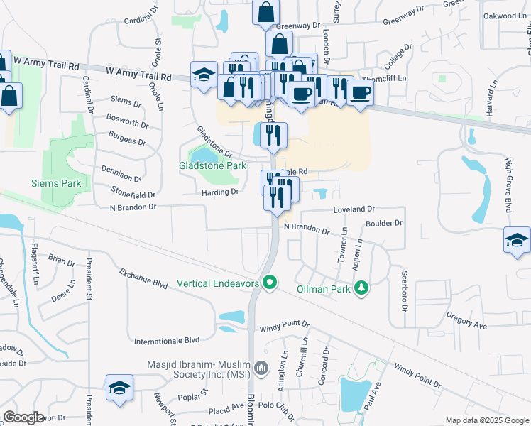 map of restaurants, bars, coffee shops, grocery stores, and more near 2002 Bloomingdale Road in Glendale Heights