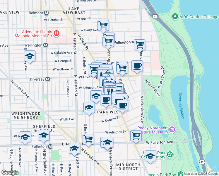 map of restaurants, bars, coffee shops, grocery stores, and more near 2649 North Clark Street in Chicago
