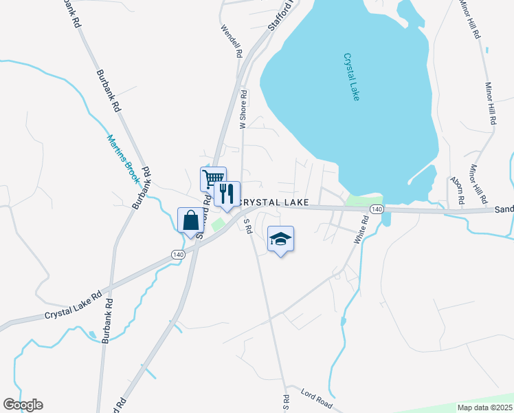 map of restaurants, bars, coffee shops, grocery stores, and more near 284 Sandy Beach Road in Ellington